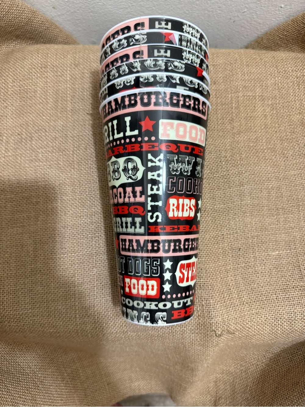BBQ Themed Stackable Party Cups - Black & Red Set of 6 NWOT